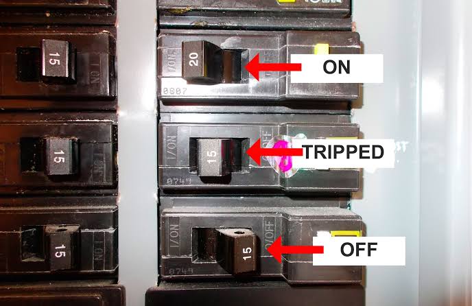 Circuit breaker showing on off and tripped